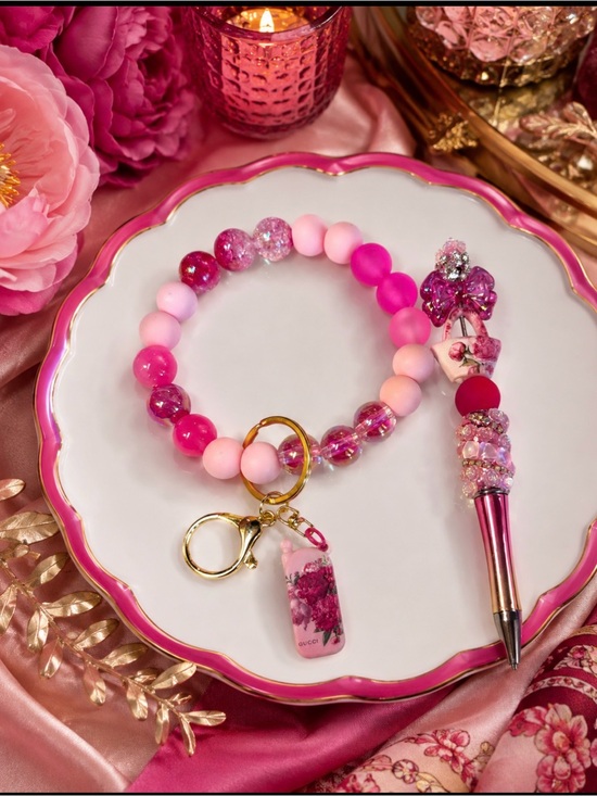 Handmade Accessories - Hand Crafted Beaded Wristlet Keychain & Pen Set with Inspired Charms